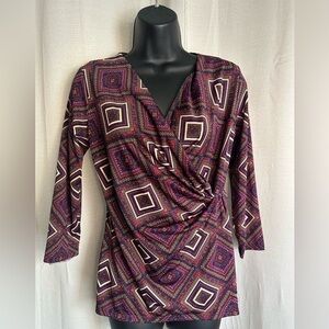 SUNNY LEIGH Women's Faux Wrap Ruched Jersey Knit Long‎ Sleeve Print Top - Size s